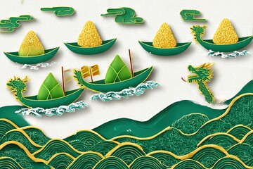 Dragon Boat Festival vector with rice dumplings and festive waves in paper-cut style
