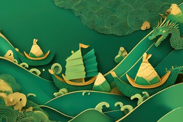 Dragon Boat Festival vector with rice dumplings and festive waves in paper-cut style
