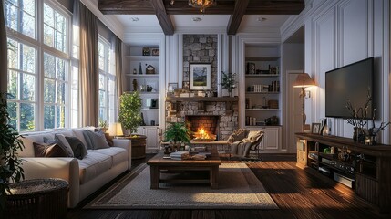 Rustic living room with high ceilings, white walls, dark wood floors, stone tile fireplace, large windows, warm ceiling and floor lighting, and cozy coffee table