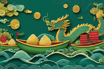 Dragon Boat Festival vector with rice dumplings and festive waves in paper-cut style
