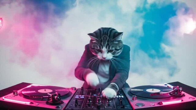 Cat dj mixing music on turntables