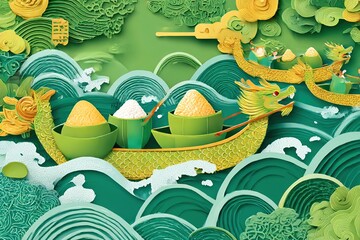 Dragon Boat Festival vector with rice dumplings and festive waves in paper-cut style
