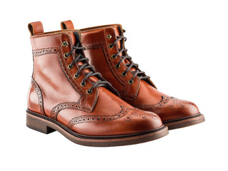Brown leather brogue boots isolated on transparent background