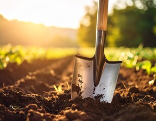Generated image - A dirty spade stuck in the dirt of a vegetable patch