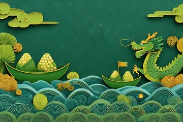 Dragon Boat Festival vector with rice dumplings and festive waves in paper-cut style
