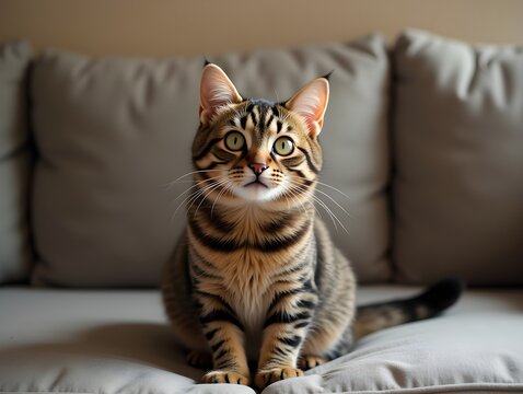 Astonished Tabby Cat on a Cozy Sofa