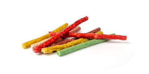 Rawhide chew sticks for dogs, colorful collagen dog food, pressed dry kibble, dental care treats