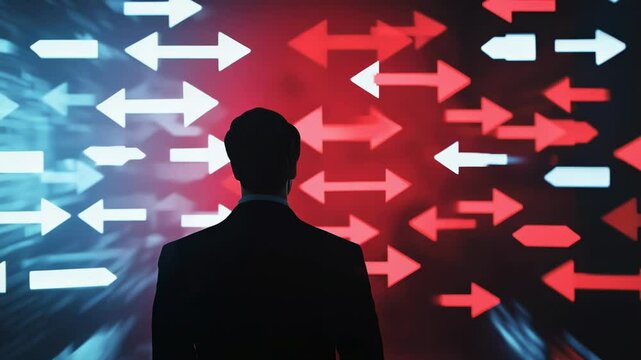 Corporate professional standing between diverging directional arrows, representing strategic crossroads, uncertainty in career path, and decision making challenges