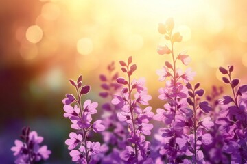 Beautiful golden hour scene with delicate violet flowers softly glowing in twilight light.