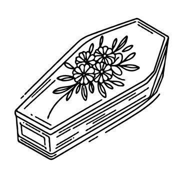Decorative coffin illustration with floral design in black and white  