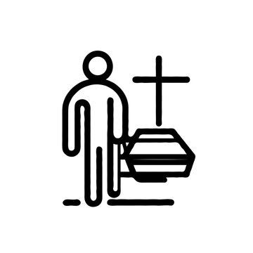 Person carrying a coffin with a cross in a simple outline design  