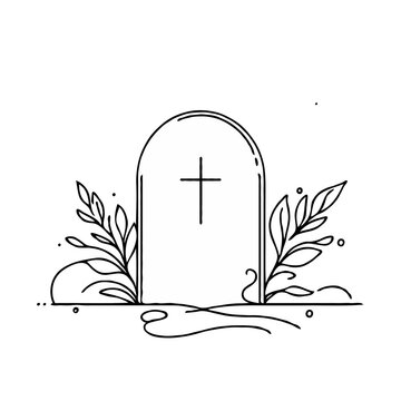 Simple outline of a gravestone with cross and decorative leaves  