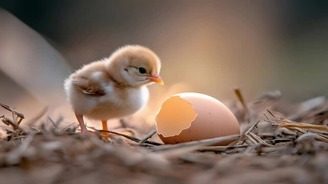 Newborn yellow chick sitting beside cracked eggshell inside wooden chicken coop, warm golden sunlight highlighting delicate feathers and curious gaze during early moments of life