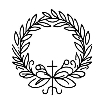 Funeral wreath with cross design in minimal line art style  