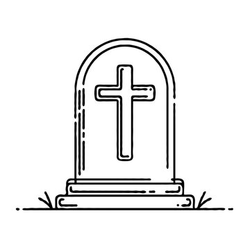 Simple outline of a gravestone with a cross design on grass  