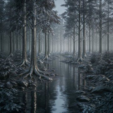 Surreal 3D render of a forest with reflective metallic trees and a calm stream. Futuristic and dreamlike atmosphere, with high detail and photorealistic lighting.