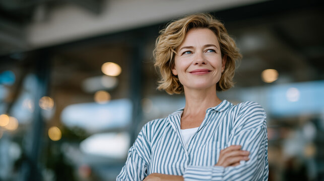 Professional mature woman standing in brightly lit office corridor, arms crossed with relaxed smile, looking to side as if planning next move, clean and modern business environment