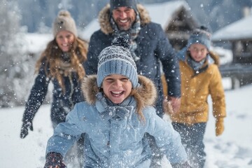 Happy Family Enjoying a Joyful Winter Day Together in the Snowy Alps, Smiling and Laughing