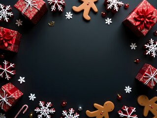 Festive Christmas background with gift boxes, ornaments, gingerbread men, snowflakes, and candy canes on a dark surface with copy space.