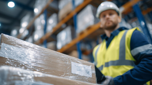 Detailed drawing of refrigerated warehouse aisle with shrink-wrapped pallets on industrial racks, cool-toned lighting reflecting off frozen surfaces, worker in insulated gear inspe