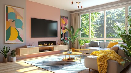 Cozy mid century modern living room with large windows, soft grey walls, pale pink accent wall, colorful art, fireplace with large TV, coffee table with yellow throw, vintage glass side tables, and go