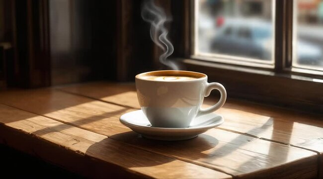 Warm cup of coffee resting on wooden table by window Generative AI