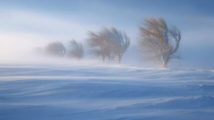 Winter Wonderland: Snow-Covered Trees in a Misty Landscape with Blowing Snow - Powered by Adobe