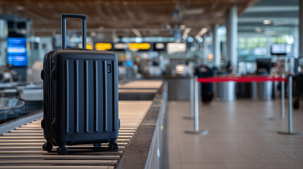 Modern soft-case bag stands alone at an empty security checkpoint lane, plastic bins stacked neatly, silent airport space conveys eerie calm and forgotten purpose