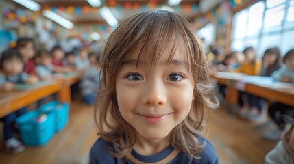 A joyful young child with long hair smiles brightly in a colorful classroom filled with other children, representing innocence and carefree childhood moments in education.