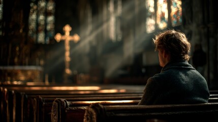 Reflective Moment in a Serene Church Interior with Stained Glass and Soft Light Illuminating a Pensive Person Sitting on a Wooden Bench