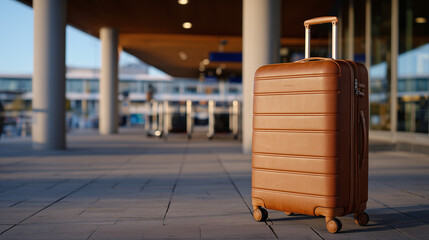 Elegant leather suitcase alone near large structural column in terminal departure zone, empty trolleys nearby, echo of silence fills the space, evoking curiosity and concern