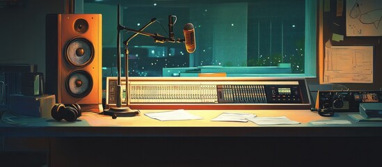 Nighttime radio studio interior