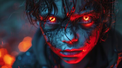 A sinister-looking child with glowing red eyes stares intensely, covered in dirt, creating a haunting ambiance that evokes feelings of fear and mystery in viewers.
