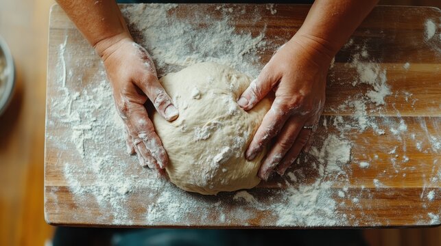 A hands-on cooking experience showcasing the process of kneading dough on a wooden surface, illustrating the artistry and effort involved in creating homemade baked goods.