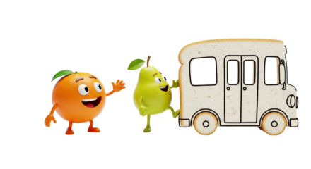 A whimsical scene featuring a happy orange character and a joyful pear character standing beside a charming, cartoon-like bread bus, illustrating a playful journey or concept of food transportation
