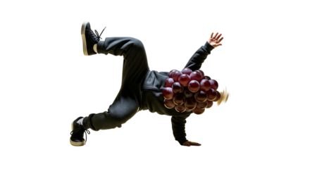 A dynamic and energetic cluster of red grapes with human legs and arms, captured mid-breakdance move, showcasing a surprising and lively anthropomorphic interpretation of fruit with expressive motion