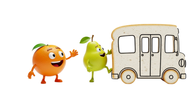 A whimsical scene featuring a happy orange character and a joyful pear character standing beside a charming, cartoon-like bread bus, illustrating a playful journey or concept of food transportation