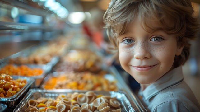A cheerful child gazes at a buffet filled with colorful food options, exuding joy and innocence that captures the delight of childhood and the experience of shared meals.