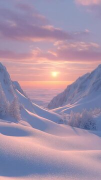 A Breathtaking Winter Sunset: Snow-Kissed Mountains and Valleys Bathed in Pink and Orange