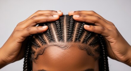 Close Up of Woman Head with Intricate Cornrow Braids and Hands