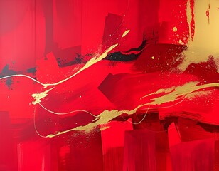 Dynamic abstract painting featuring bold red tones accented with gold brushstrokes and splashes. A modern composition conveying energy, passion, and artistic expression