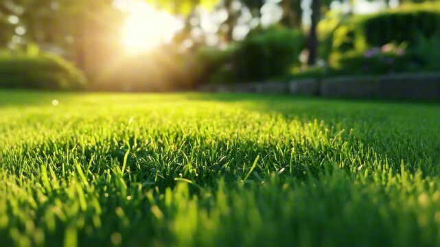 Lush green lawn with the sun shining on it. The grass is short and well-maintained