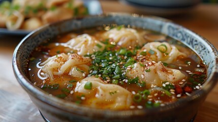 An appetizing bowl of steaming dumplings garnished with green onions and sesame seeds, embodying the essence of delicious Asian cuisine and culinary traditions.