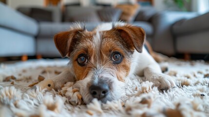 Fototapeta na wymiar A cute dog with expressive eyes rests on a fluffy rug in a cozy living room, illustrating the warmth and companionship of pets in domestic settings.