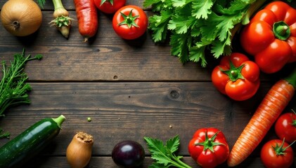 Vibrant organic veggies, rustic wood background, tomato, vegetable assortment, broccoli