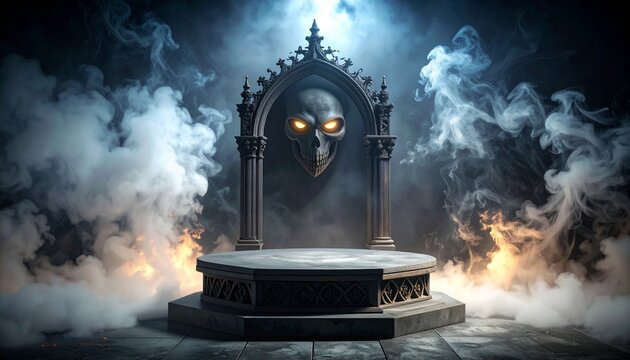 Eerie skull throne amidst smoke and fire