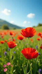 Vibrant red poppies dominate a sun-drenched meadow, wildflowers scattered amongst them , floral, sun, red