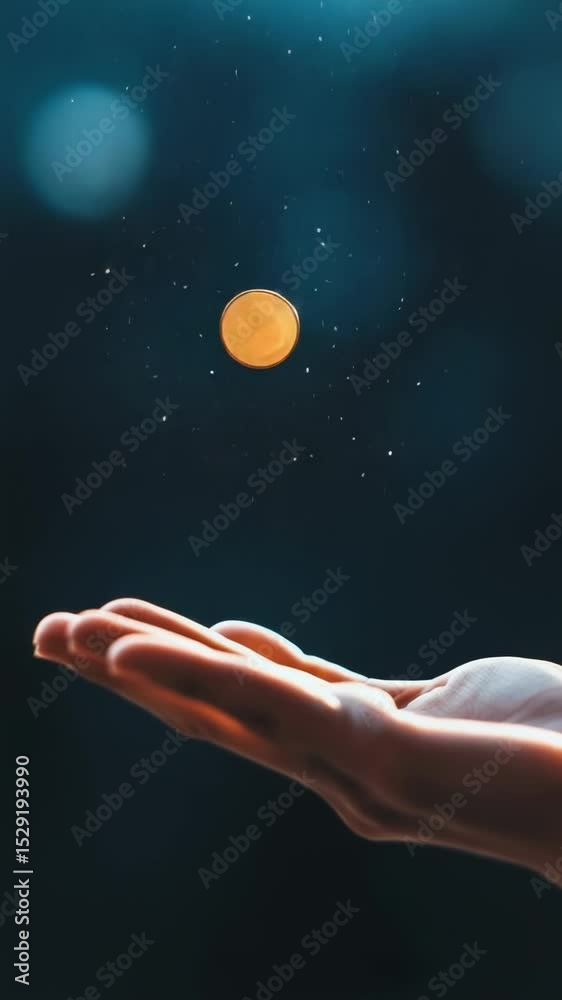 Poster open hand waiting to receive a rotating golden coin on a dark, sparkling background, illustrating co