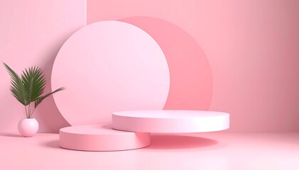 Minimalist Pink Product Display Podium with Palm Plant