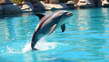 Dolphin playfully leaps from water, sunny day at marine park, marine mammal, animal